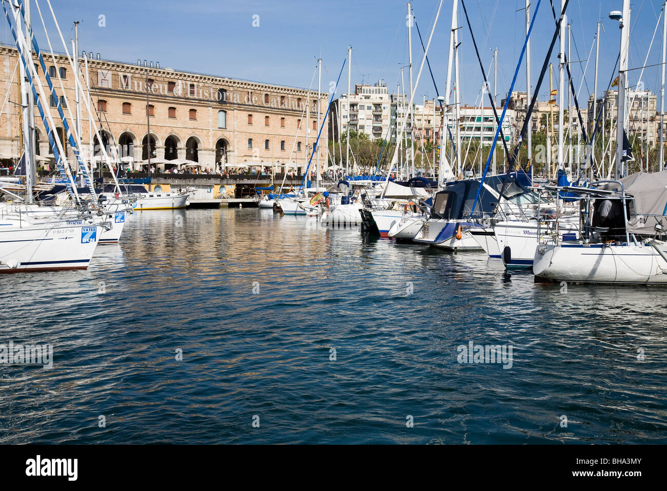 Port Vell view of boats and Museu d'Historia de Catalunya Barcelona ...