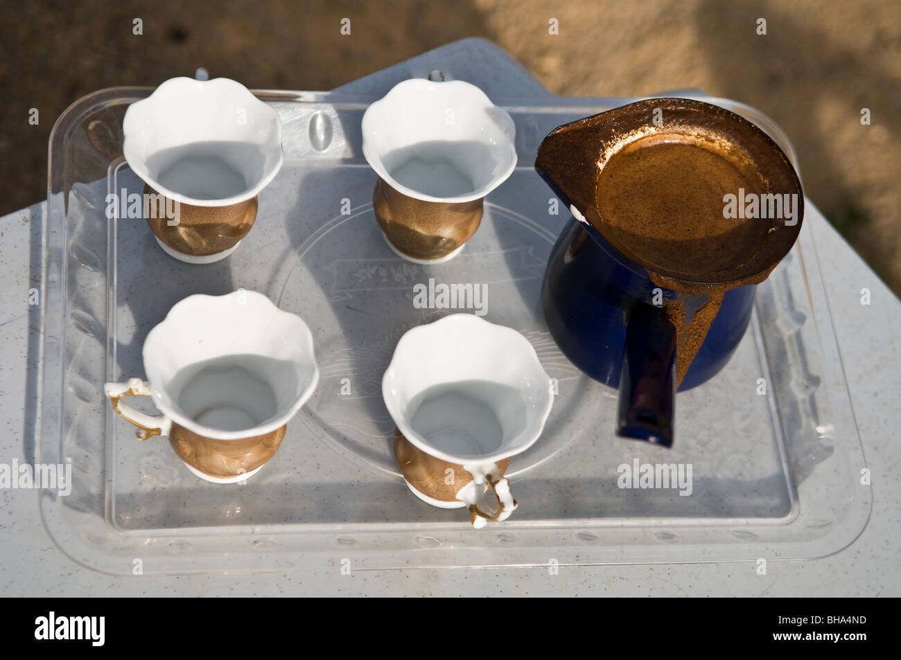 Traditional Bedouin coffee served in a local Bedouin camp. Stock Photo
