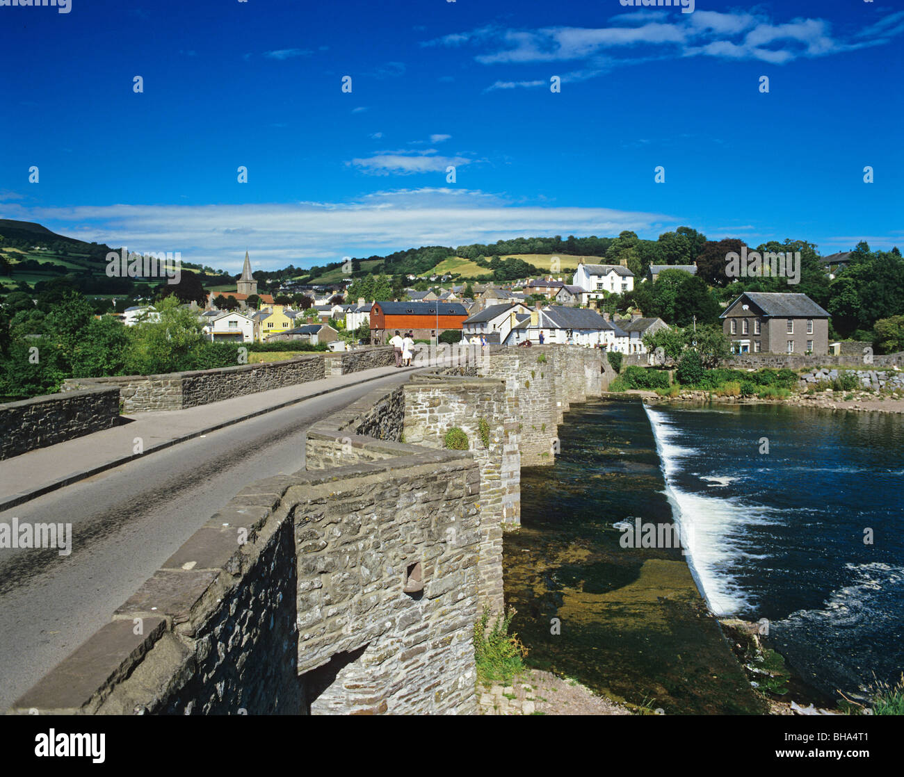 Stone bridge crossing the River Usk in the popular town of Crickhowell ...