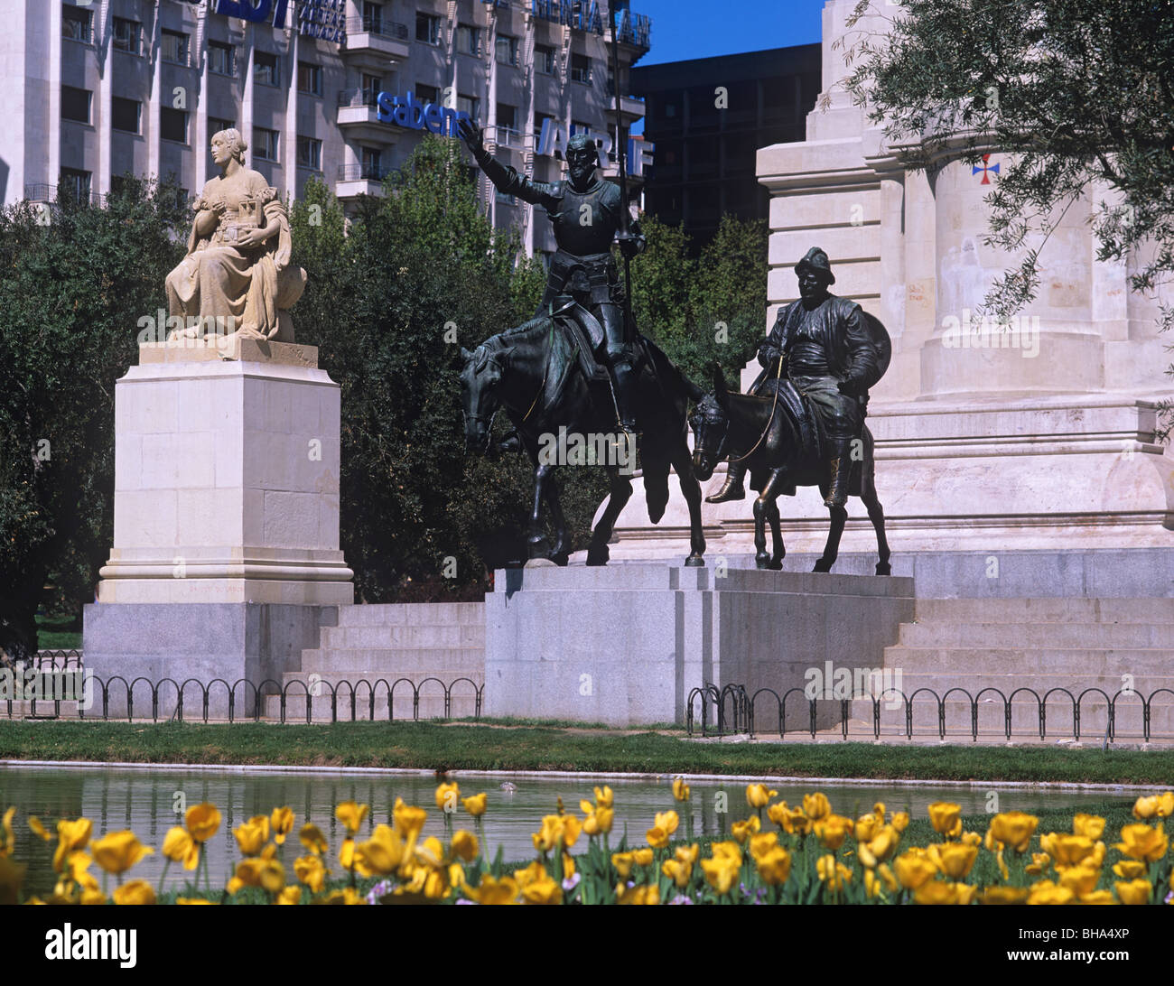 Don Quijote and Sancho Panza statue in plaza de espana, Madrid, Spain, Europe Stock Photo