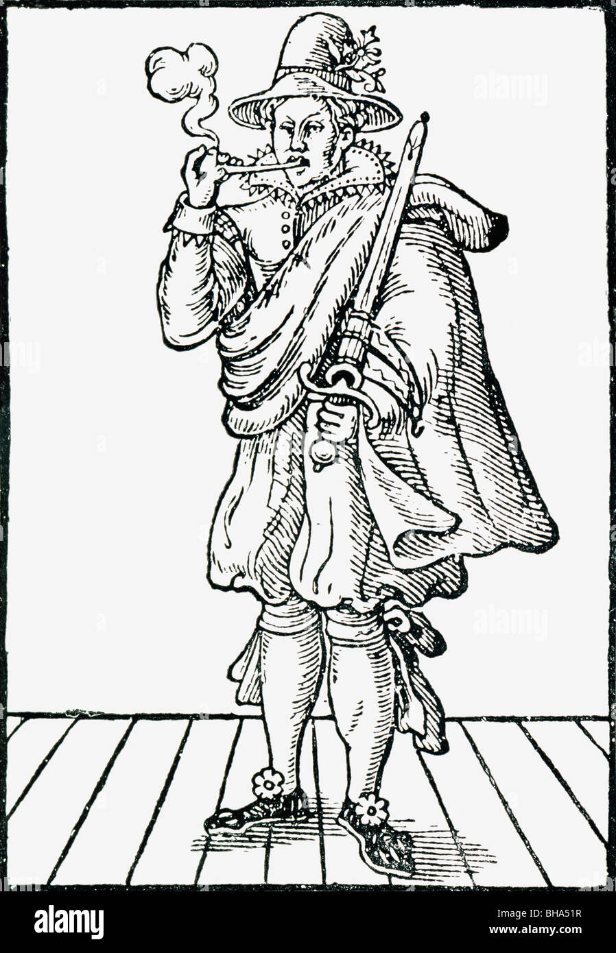 Facsimilie of image of Mary Frith from title page of The Roaring Girl. Mary Frith or Moll Cutpurse c. 1584 to 1659. Stock Photo