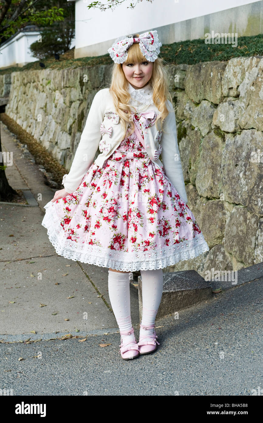 A teenage girl in the height of fashion dressed as a manga character - known as 'cosplay' - in Kyoto, Japan Stock Photo