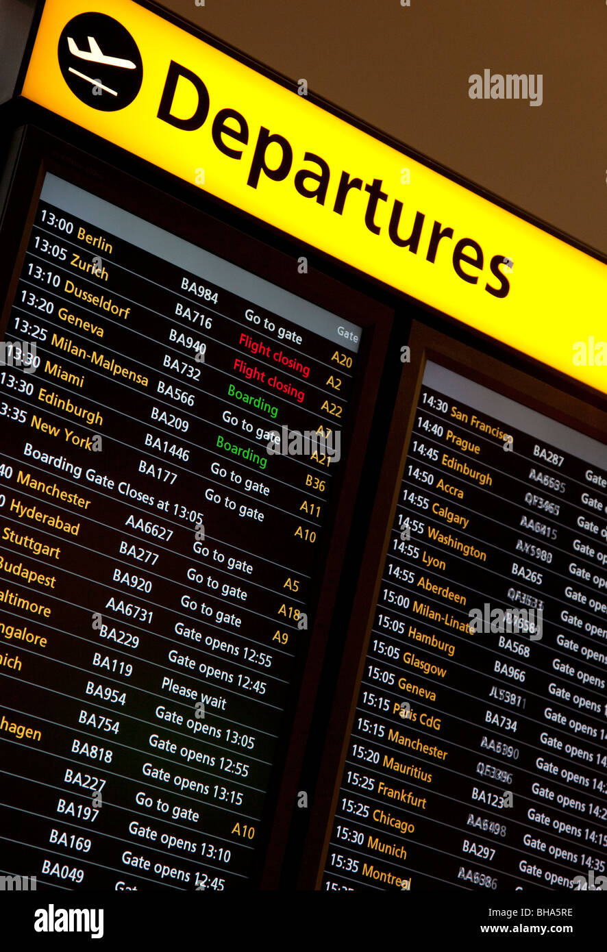 Departure sign for destinations from terminal 5, Heathrow airport, London, England Stock Photo