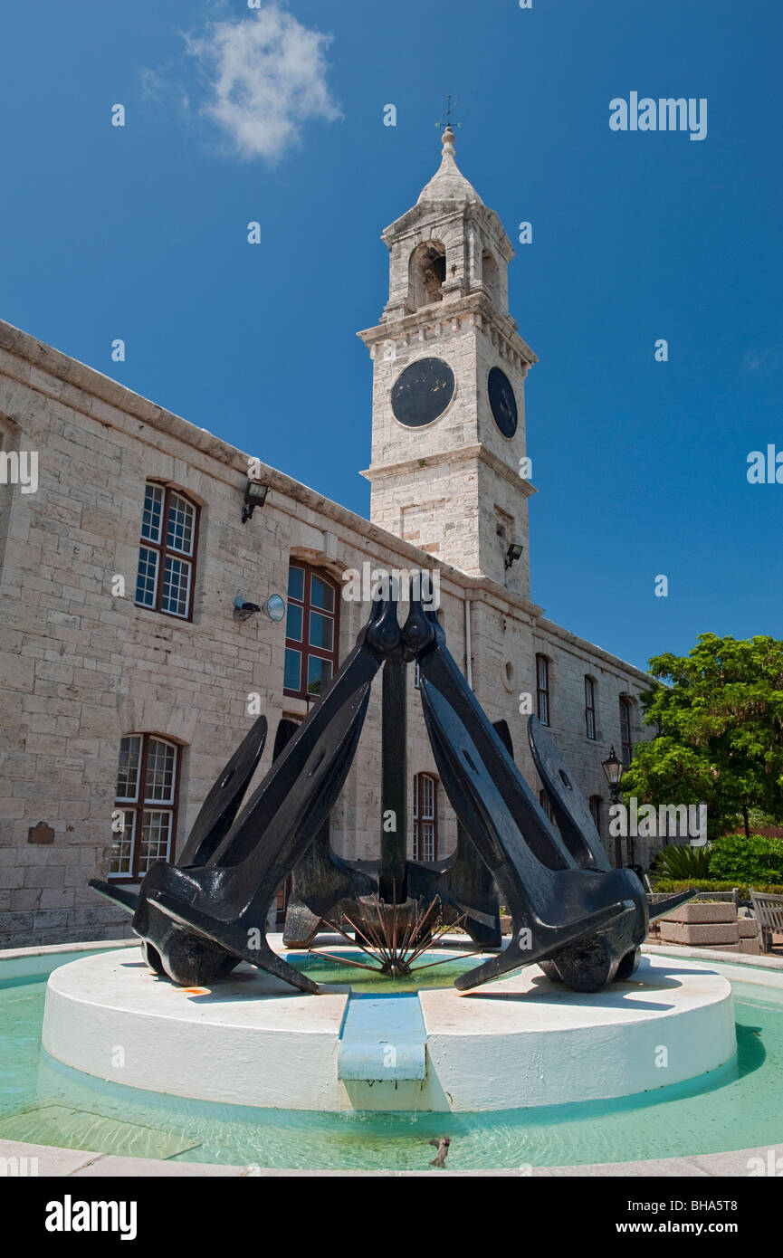 The Clock Tower and Anchor Fountain at the Royal Naval Dockyard at the West End, Bermuda Stock