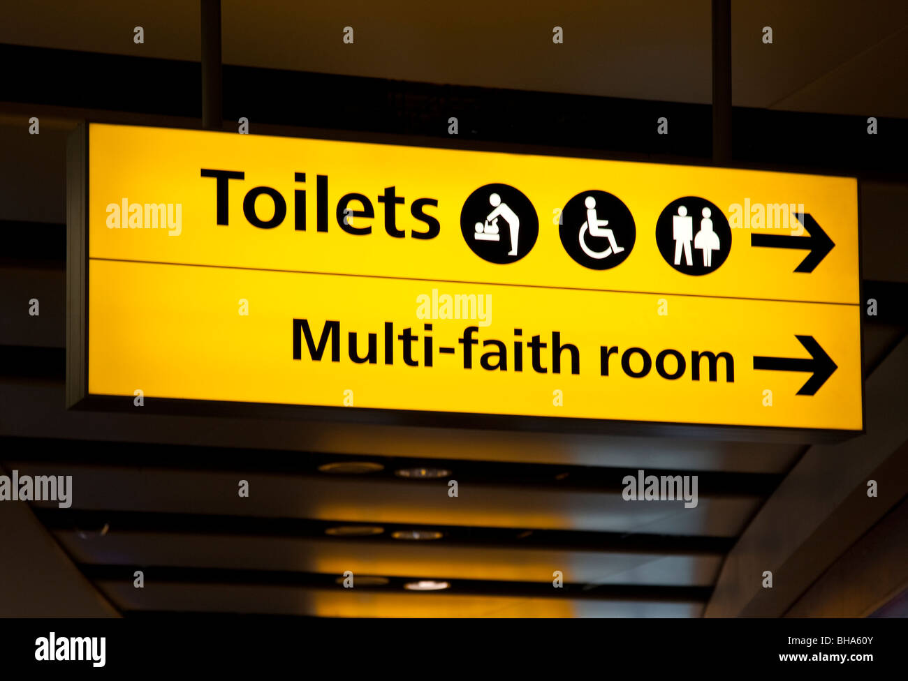 Toilet, Disabled toilet, baby changing and multi-faith room sign at Heathrow Airport Stock Photo