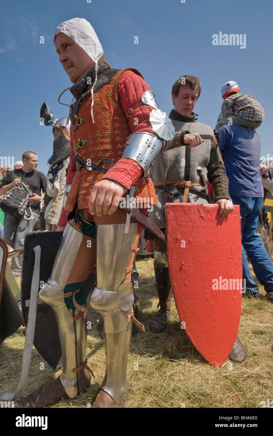 Reenactors preparing to recreate Battle of Grunwald of 1410 in Warminsko-Mazurskie province, Poland Stock Photo