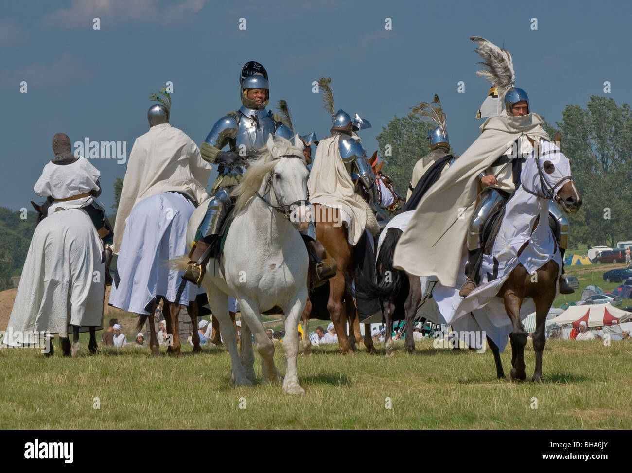 Teutonic Knights reenactors at Battle of Grunwald of 1410 in Warminsko-Mazurskie province, Poland Stock Photo