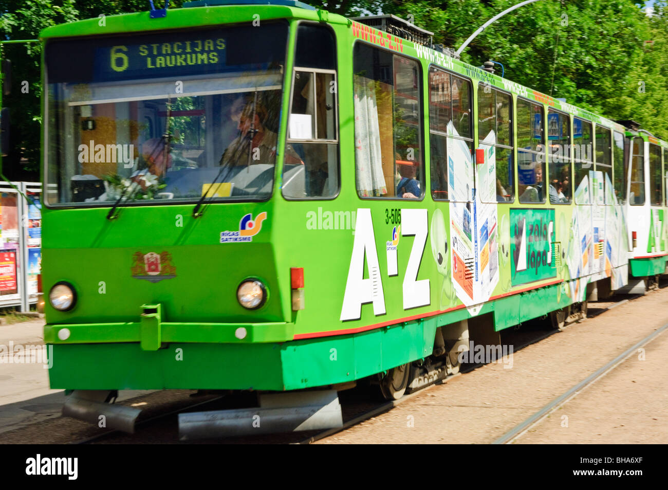 Green tram in Rīga, Latvia Stock Photo
