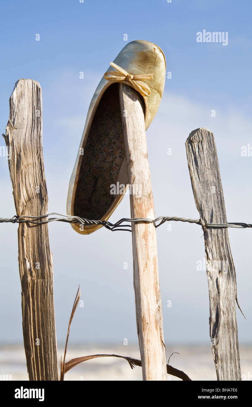 Single Womans Shoe Hanging on Wooden Fence at Coast Stock Photo Alamy