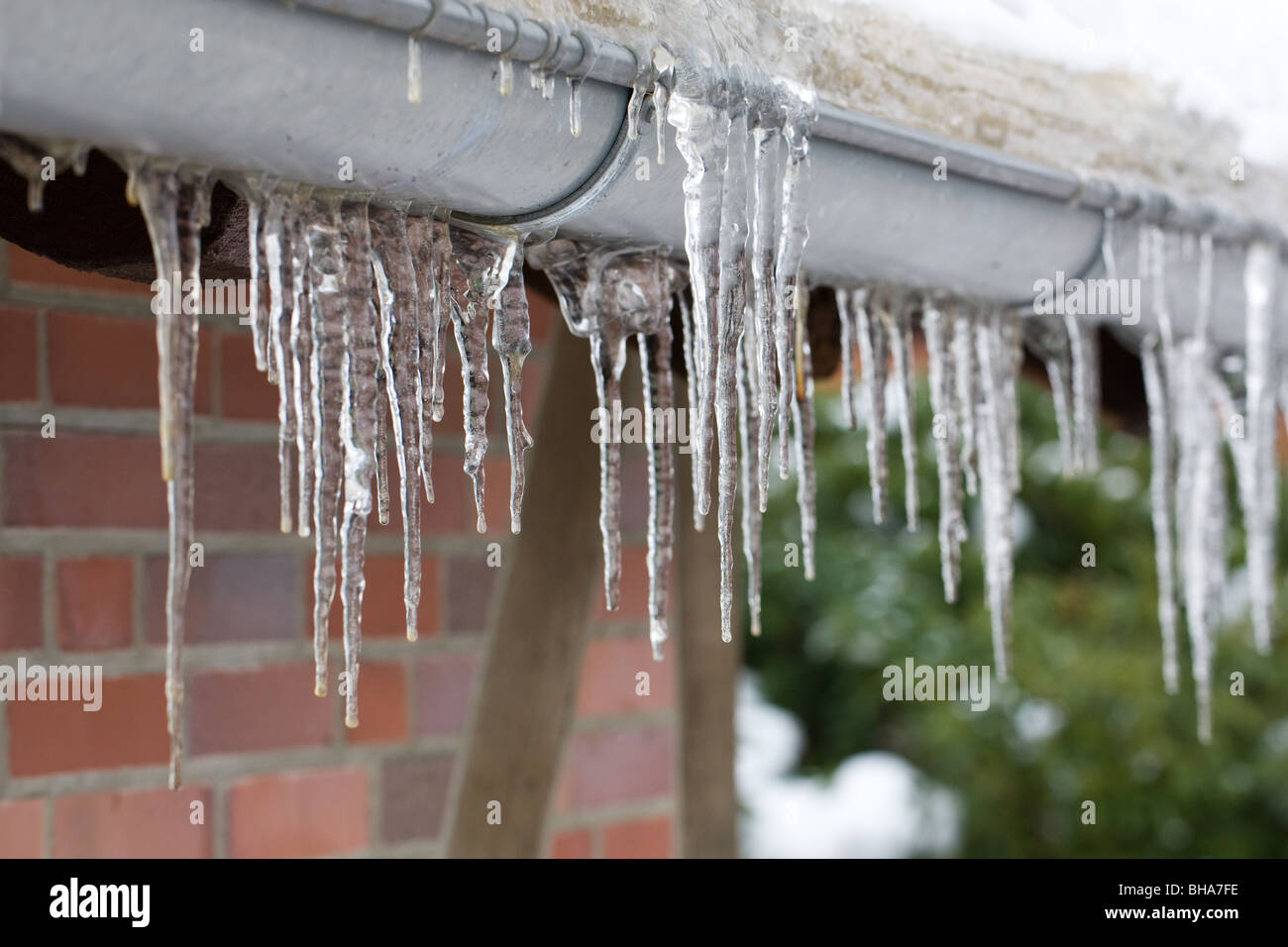 Roof gutter full of icicles during winter 2009/2010 in Germany Stock Photo