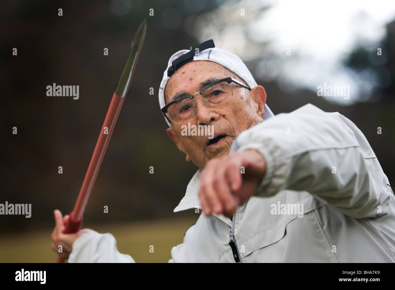 102 year old Takashi Shimokawara, World Record holder for javelin, shot