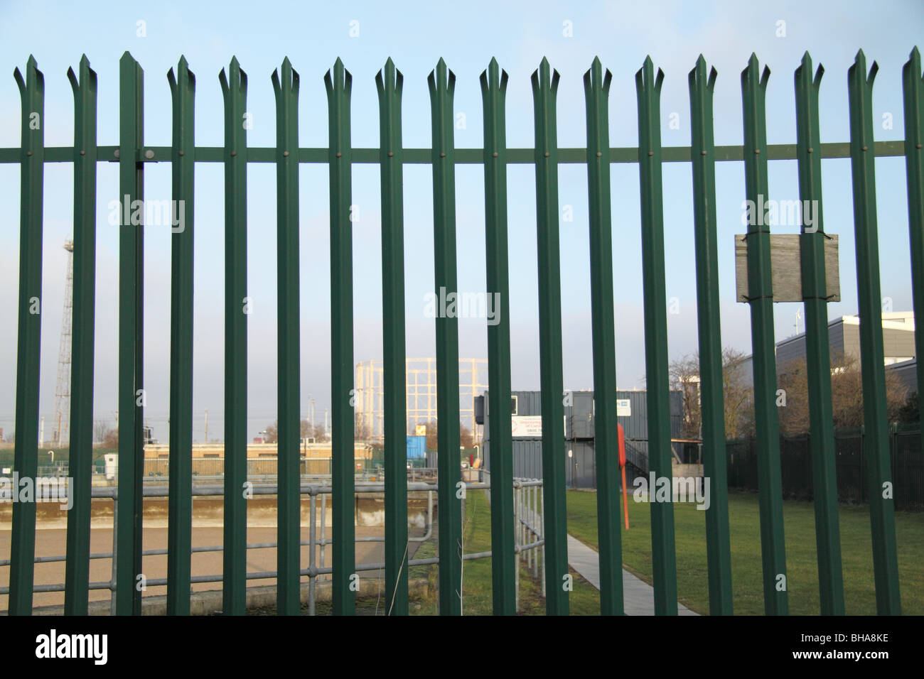 Modern pressed metal (galvanized steel) palisade fencing Stock Photo