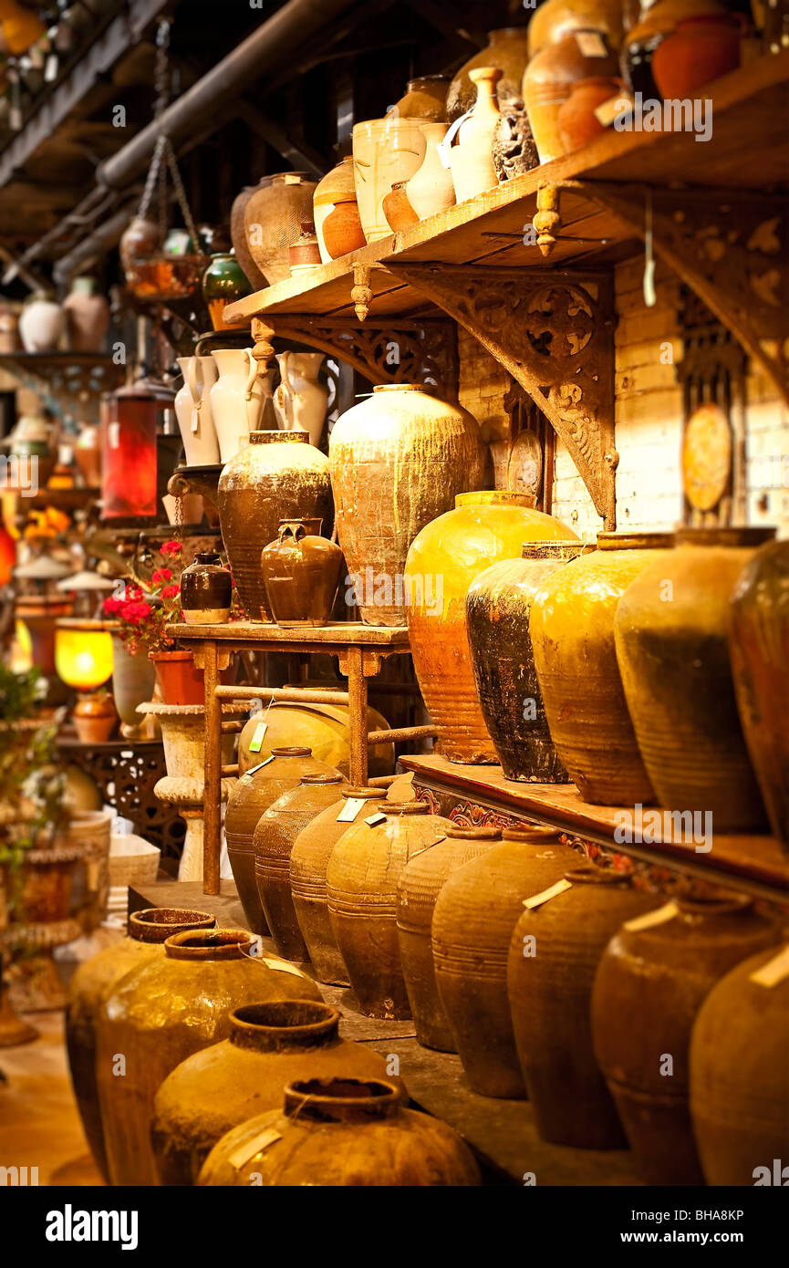 Imported asian urns on display. Stock Photo