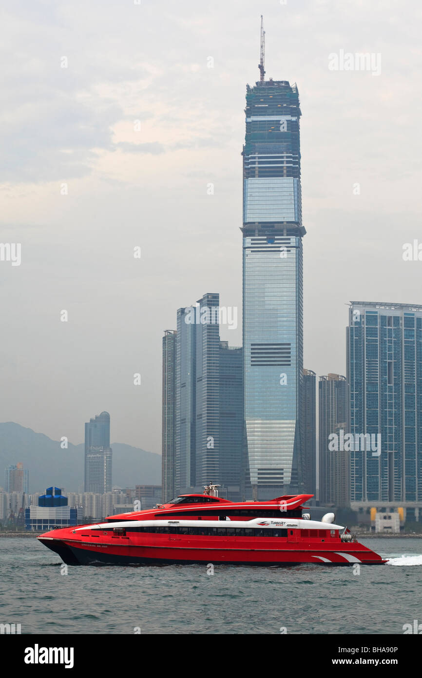 A jet powered hydrofoil ferry boat leaves Hong Kong for Macau. Stock Photo