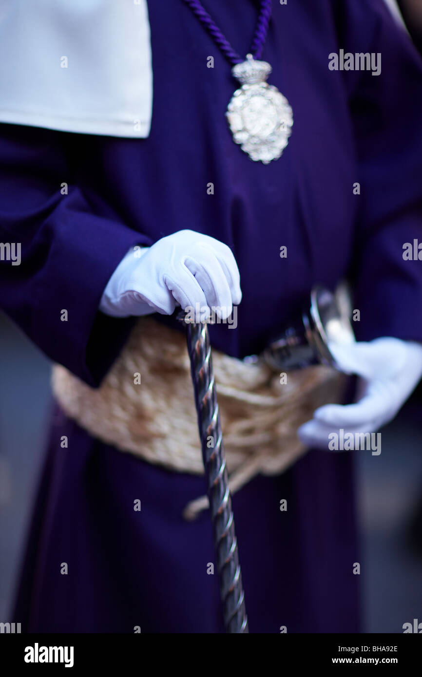 detail of a penitent's costume in the Semana Santa procession in Malaga,  Andalucia, Spain Stock Photo