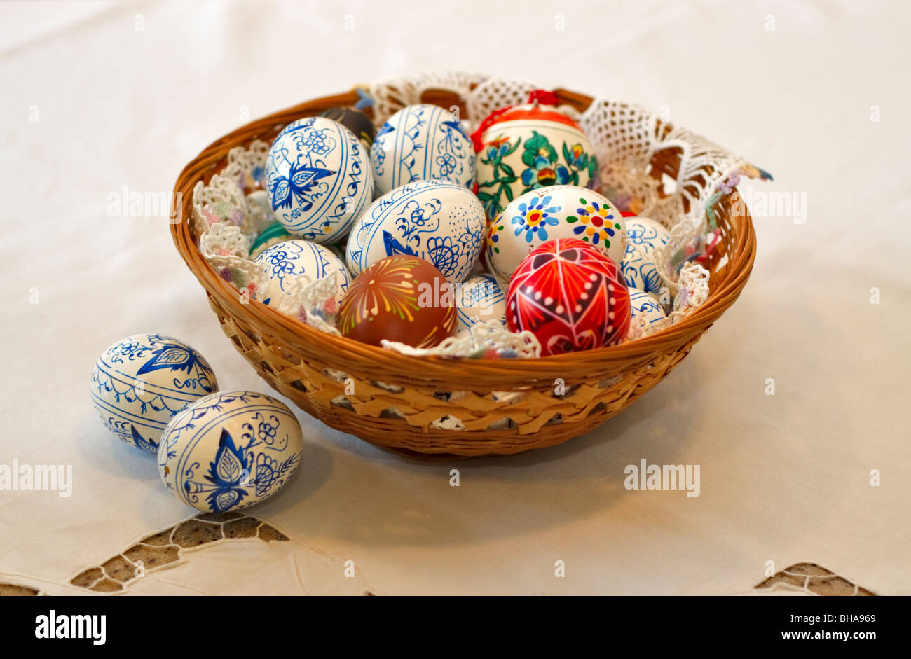 Basket of hand decorated traditional Easter eggs Stock Photo