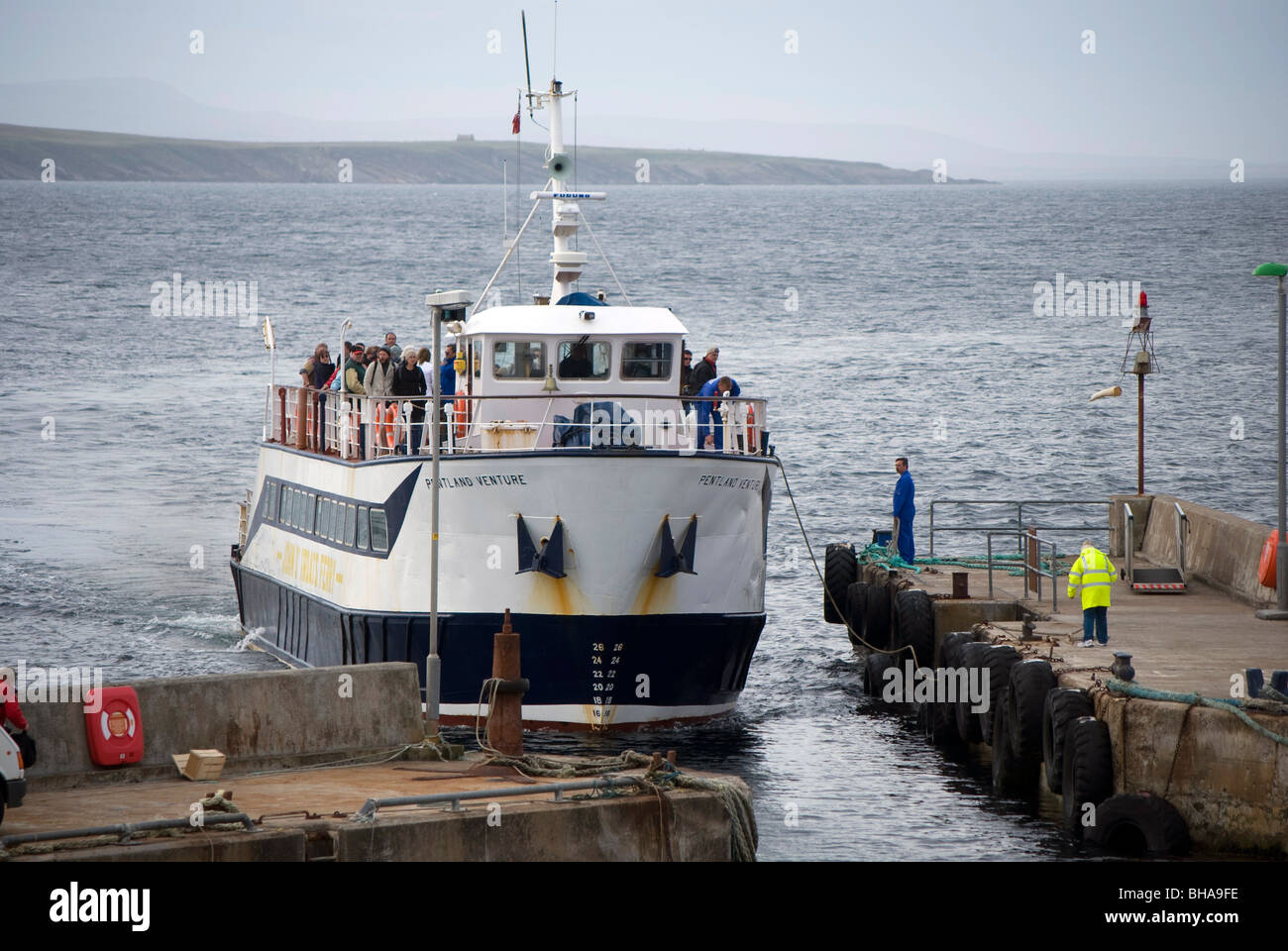 Orkney passenger ferry at John O'Groats harbour in the far north-east corner of Scotland. Stock Photo