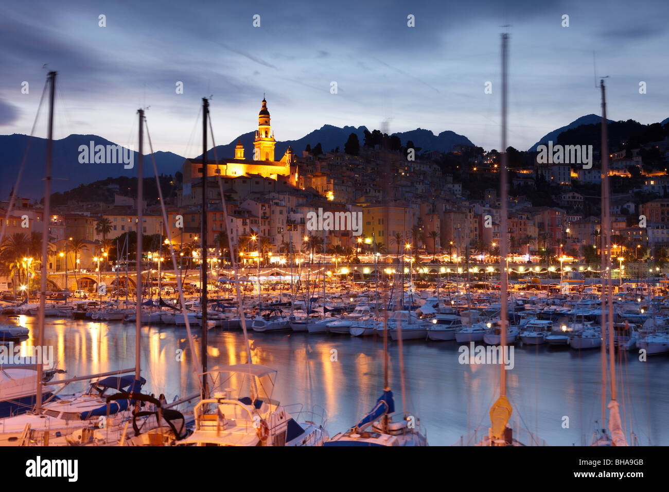 the harbour and Old Town of Menton at night, Cote d'Azur, Provence, France Stock Photo
