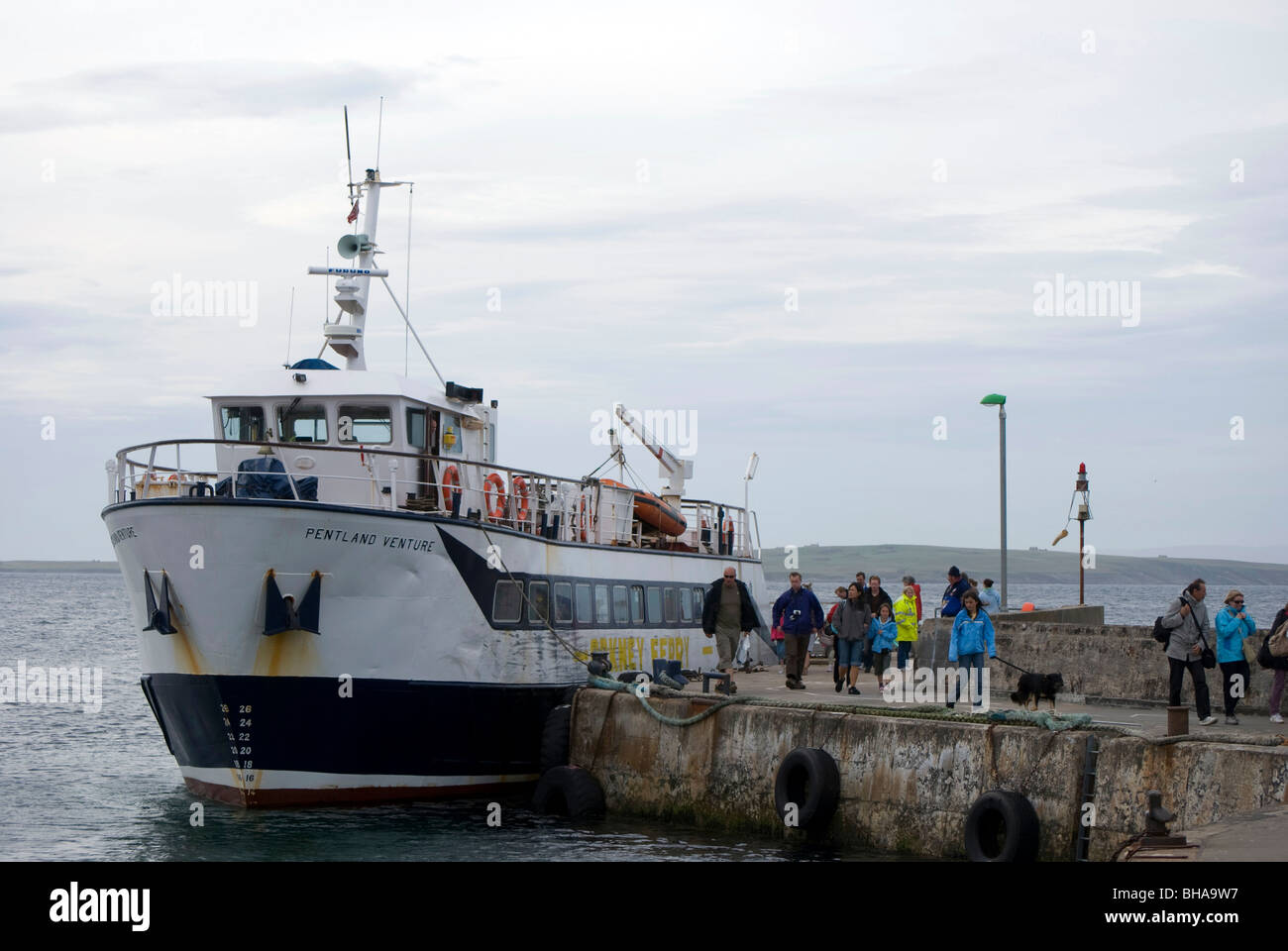 Orkney passenger ferry at John O'Groats harbour in the far north-east corner of Scotland. Stock Photo