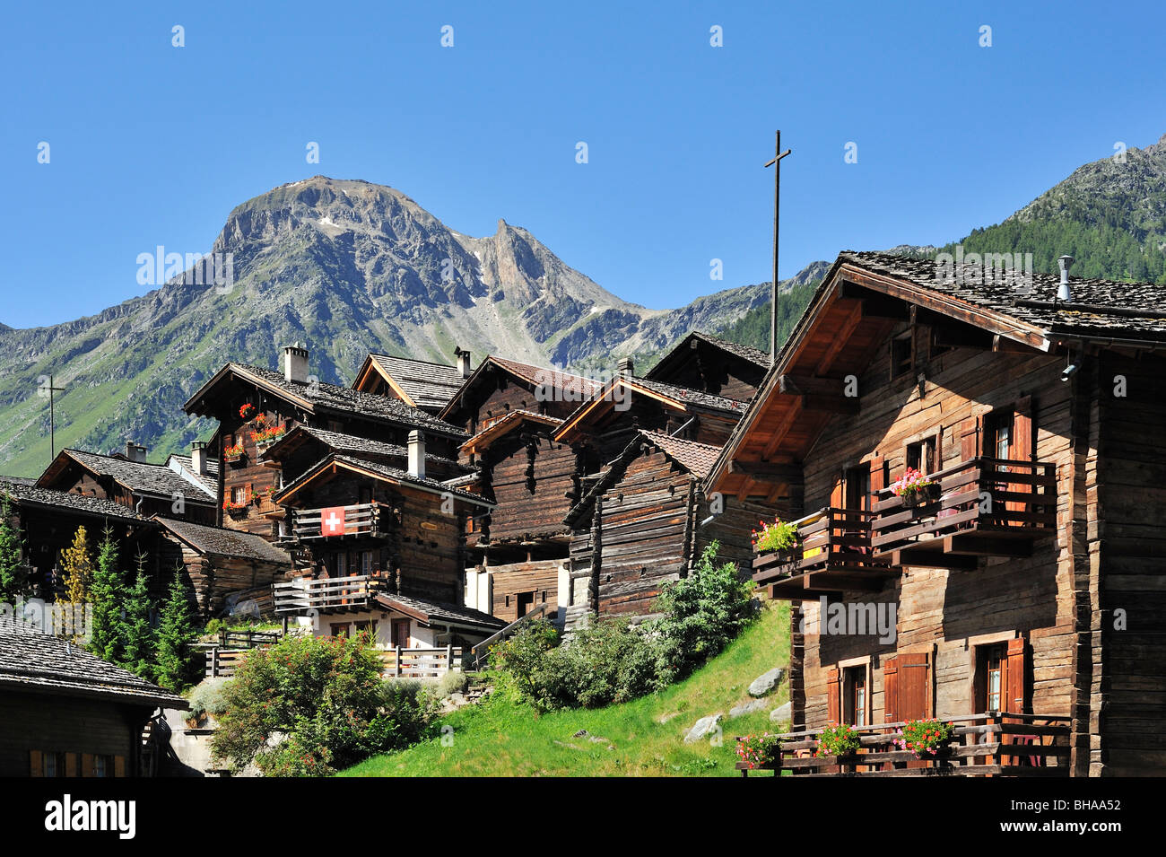 Traditional Swiss wooden houses / chalets in the Alpine village Grimentz, Valais / Wallis, Switzerland Stock Photo