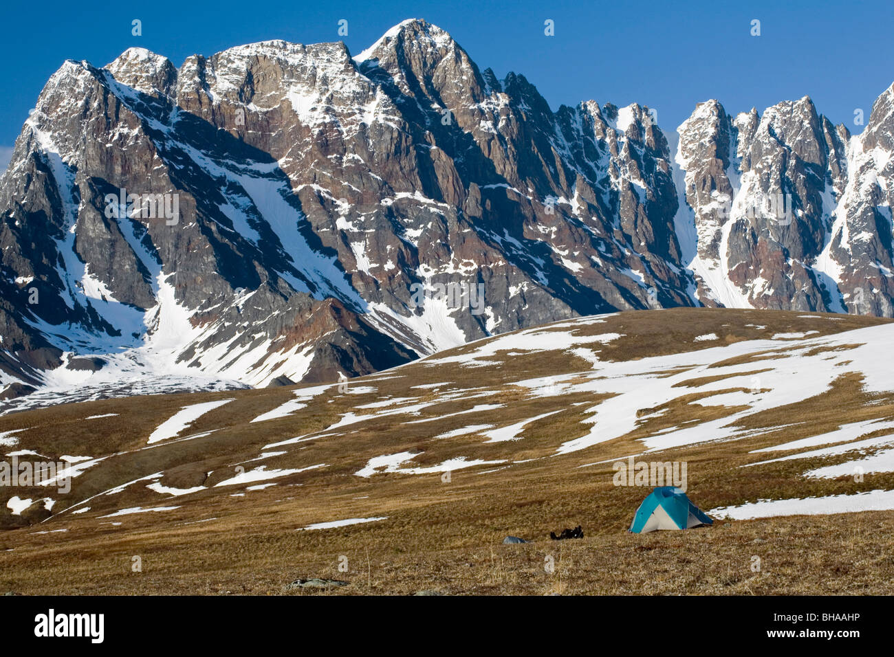 Wilderness campsite below Babel Tower Revelation Mountains Alaska Range