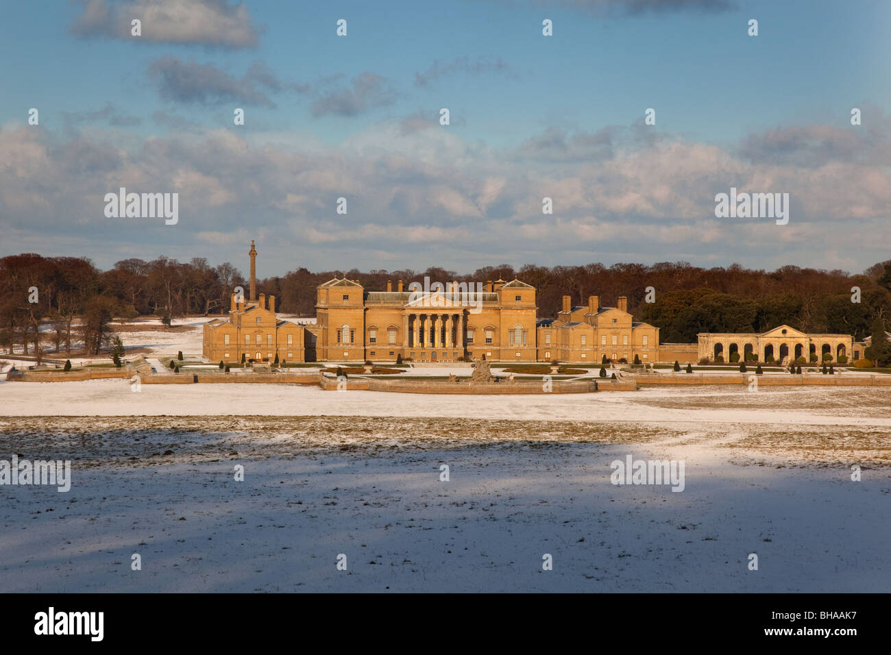 Holkham Hall and alight fall of snow Winter Norfolk Stock Photo