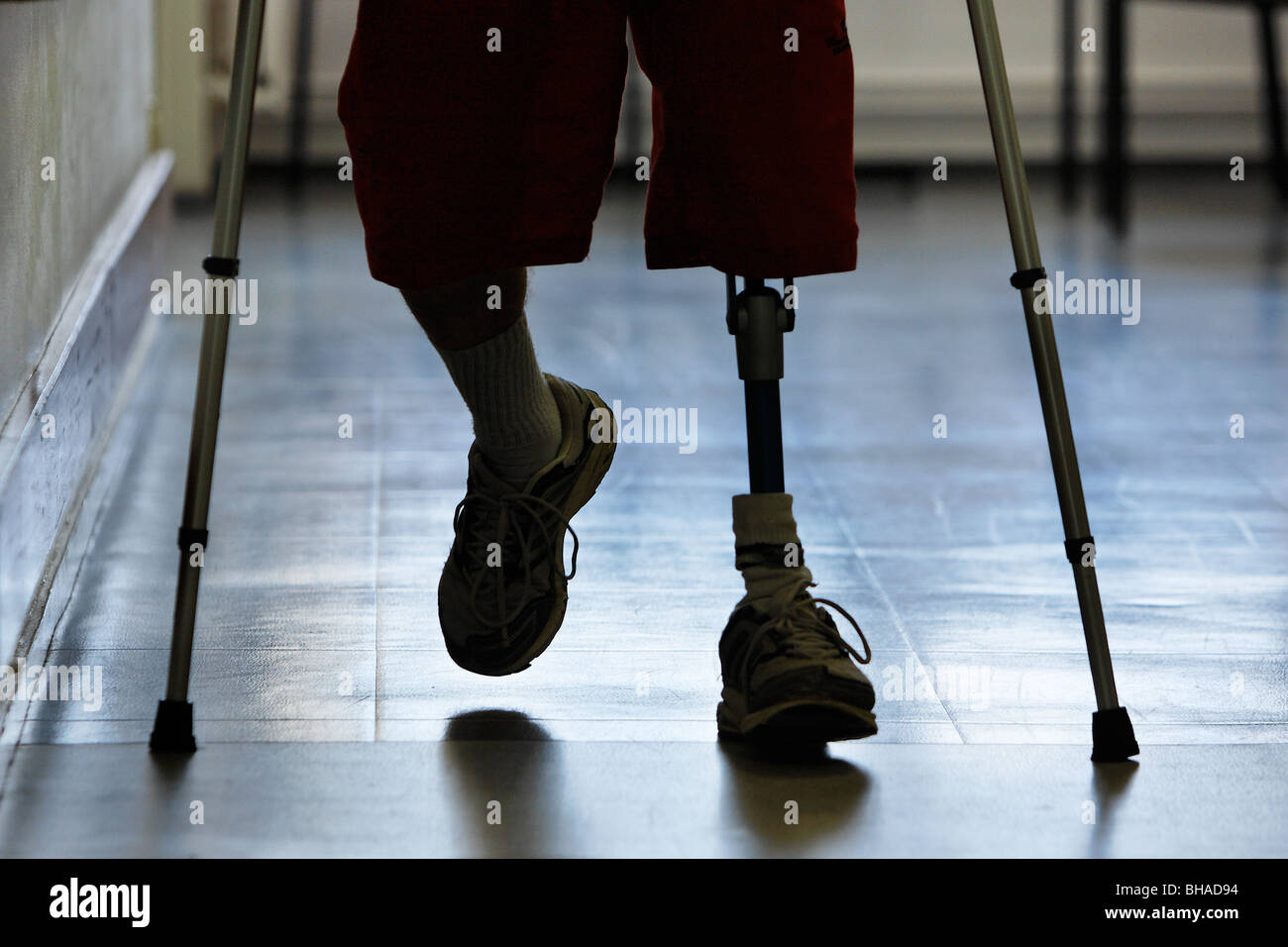 A one-legged man, walk in a hospital corridor. Stock Photo