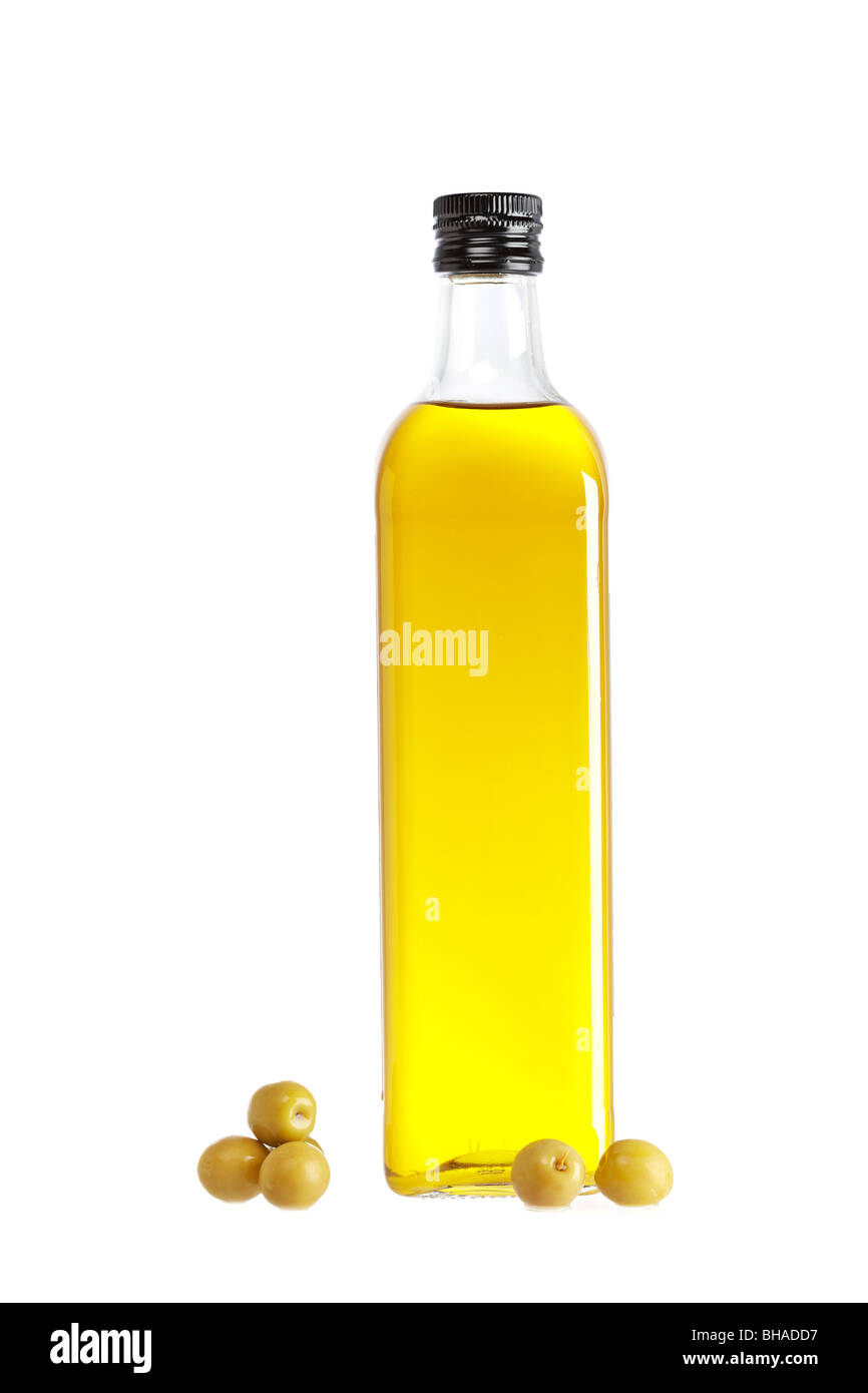 Olive oil bottle and some olives isolated on white background Stock ...