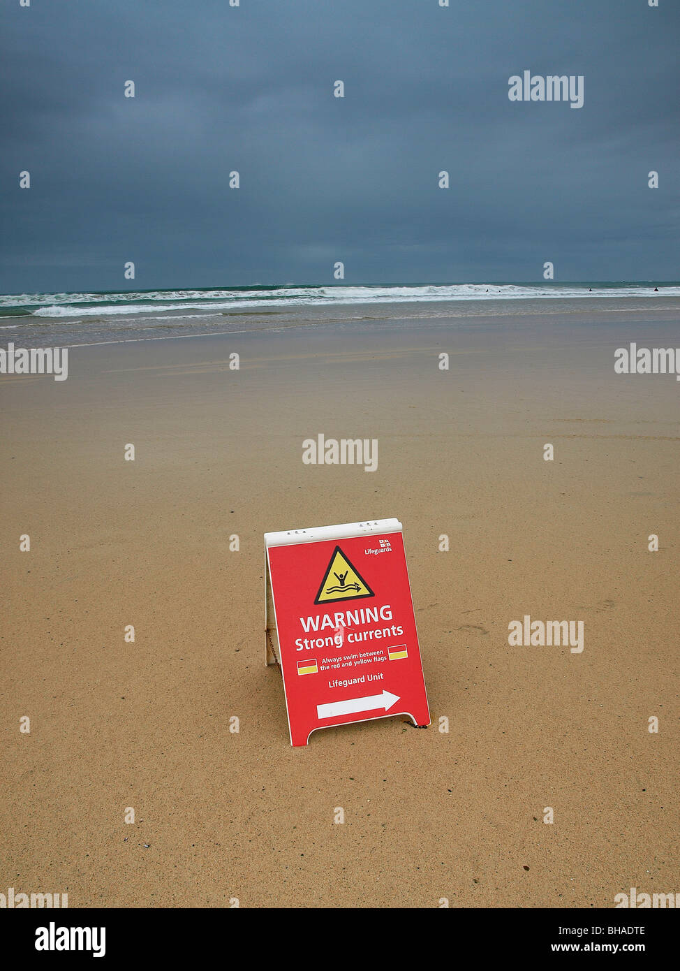 Unsafe bathing sign, Gwithian Towans, Cornwall, UK Stock Photo