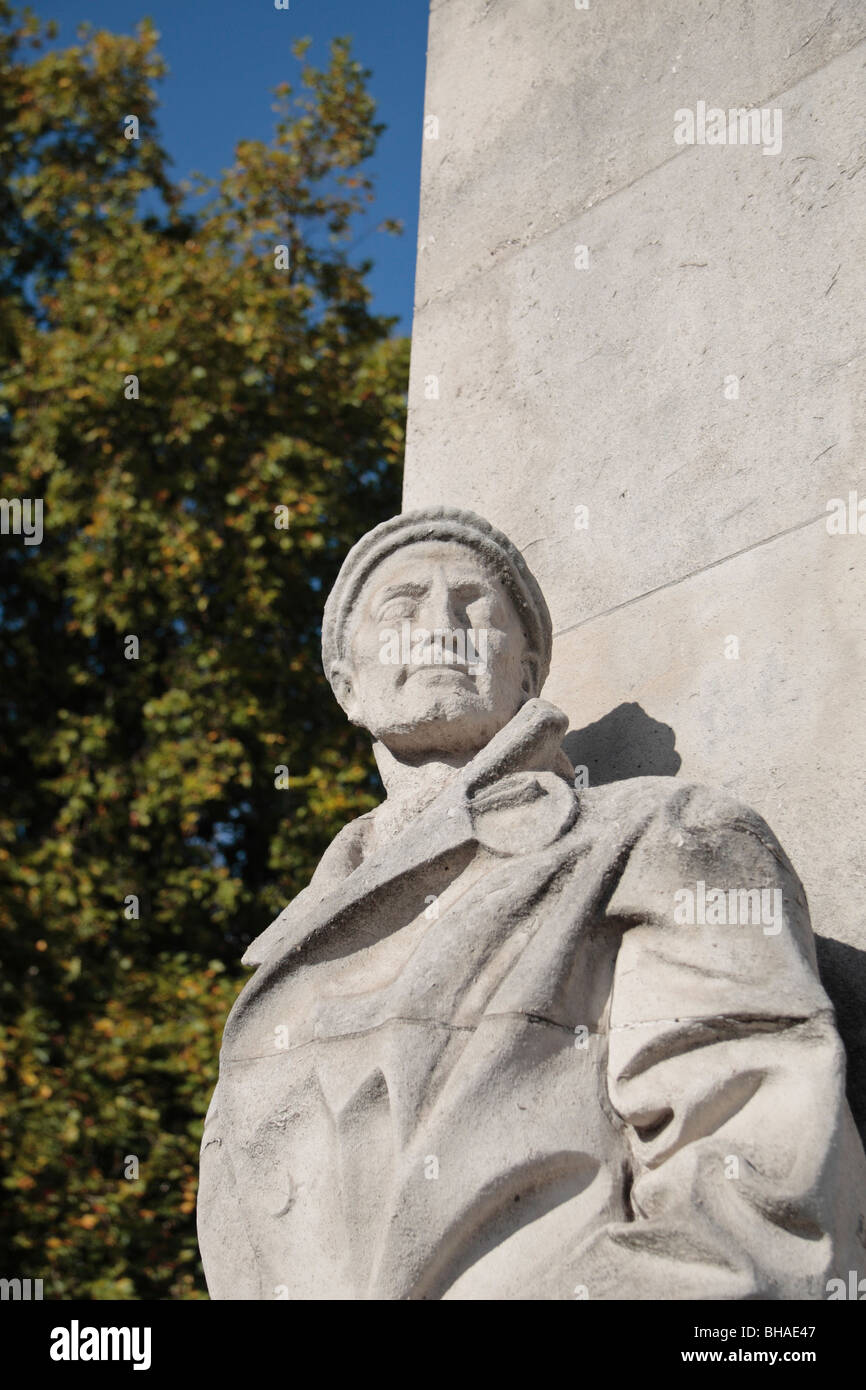 Close up of statue representing a Merchant Navy seaman, (by Charles Wheeler) at the Tower Hill Memorial, London, UK. Stock Photo