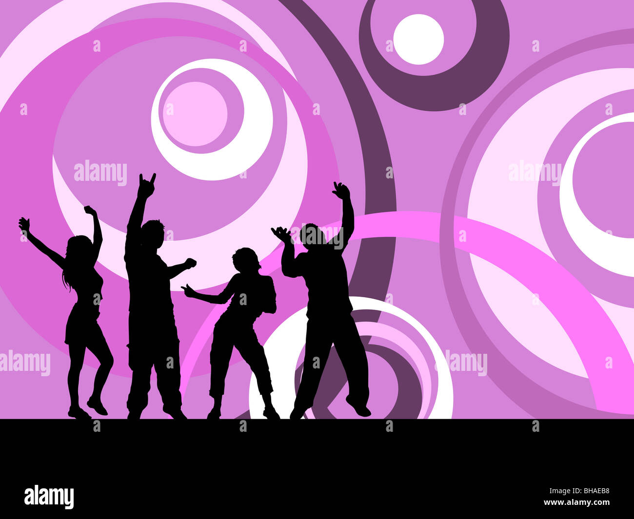 Silhouettes of people dancing on a retro styled abstract background Stock Photo