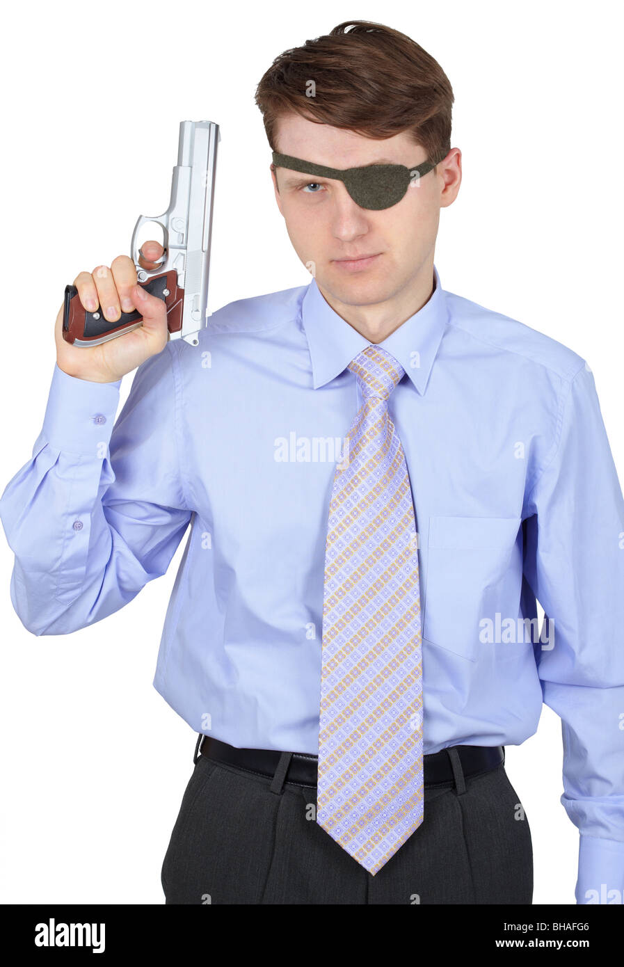 Modern pirate, pistol in hand, on a white background Stock Photo
