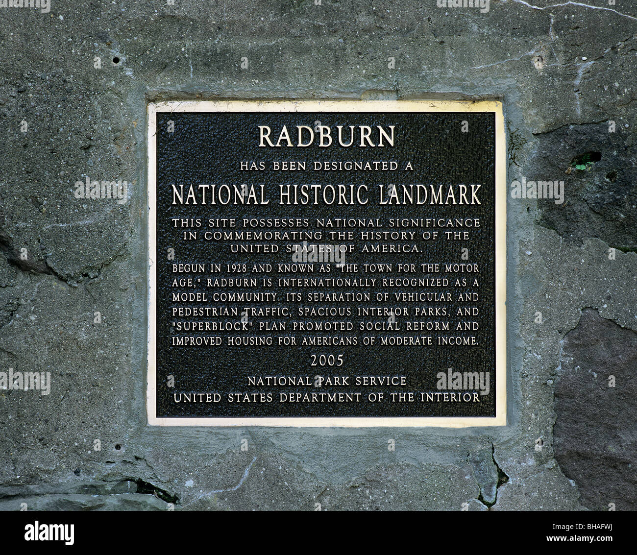 Commemorative sign describing the historic significance of the Radburn suburb, Fair Lawn, New Jersey, USA Stock Photo