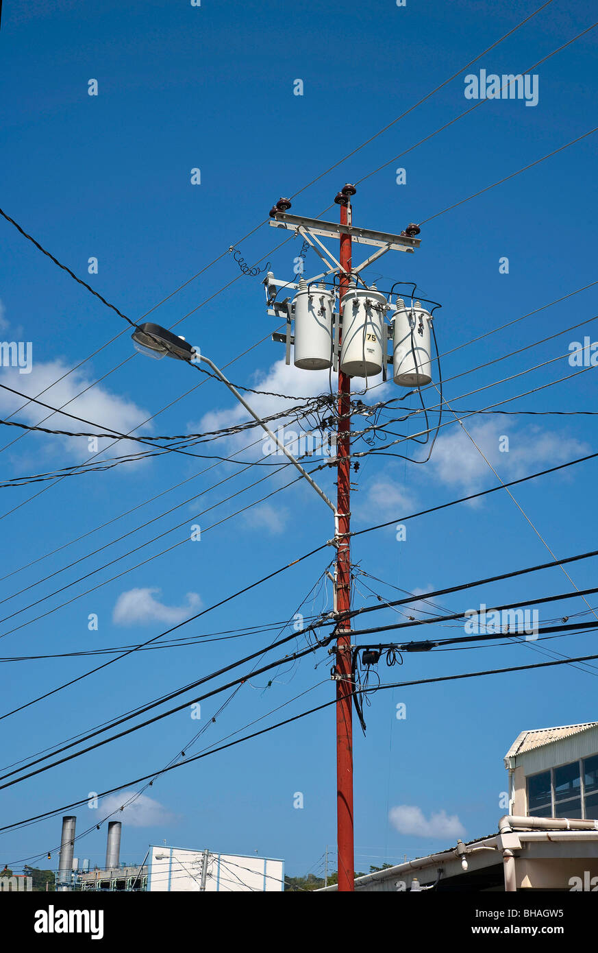 Mounted Power transformer pole high street Scarborough Tobago Stock Photo