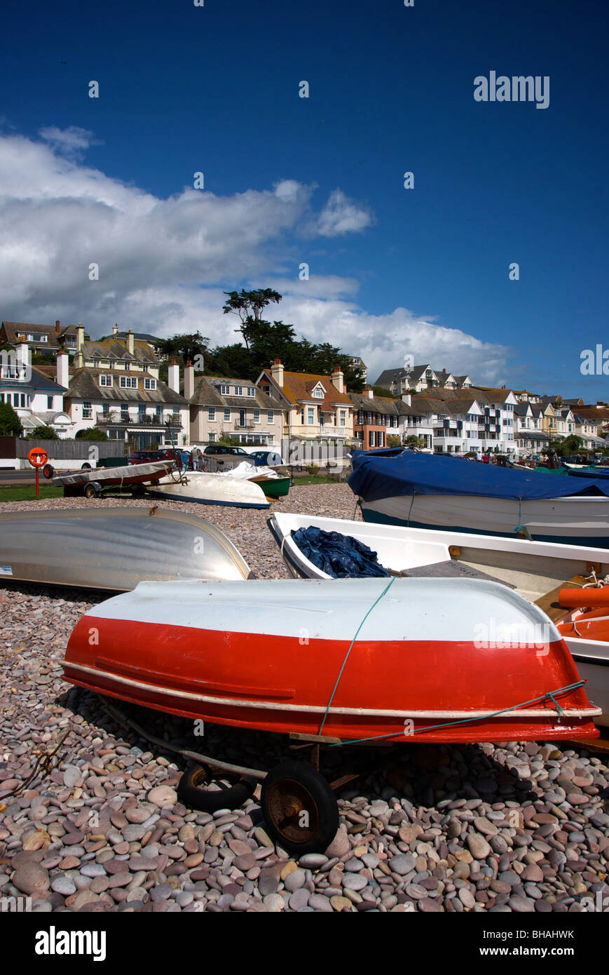 Budleigh Salterton Devon UK Beach Boats Sea Holiday Pebbles Stock Photo
