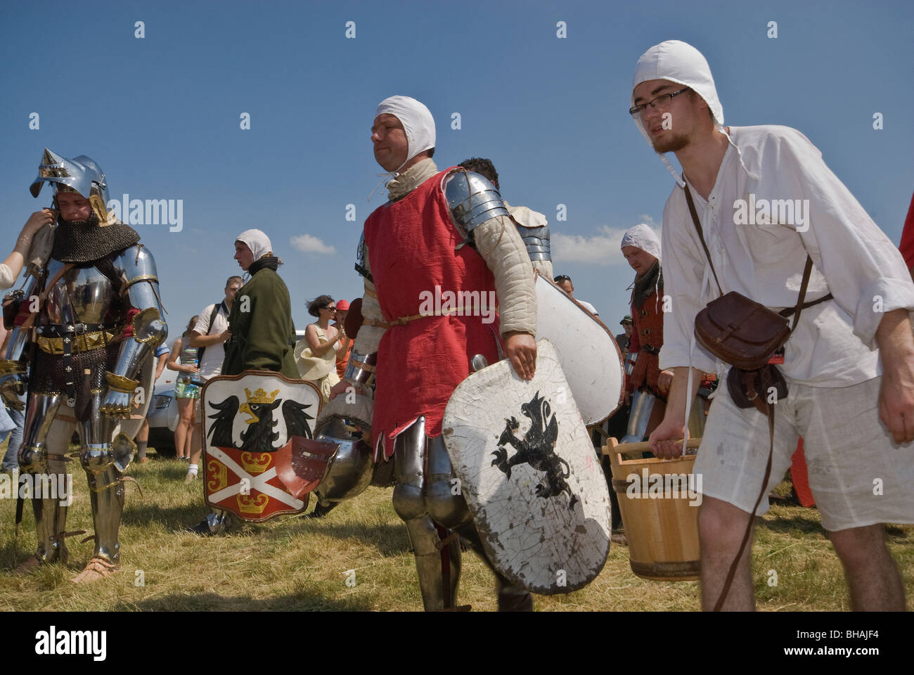 Reenactors preparing to recreate Battle of Grunwald of 1410 in Warminsko-Mazurskie province, Poland Stock Photo