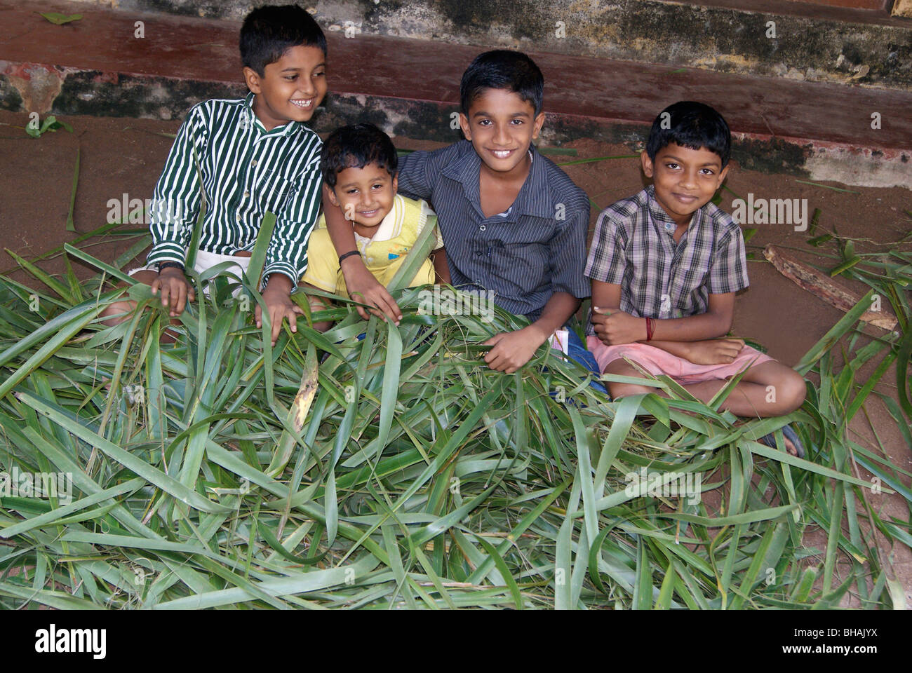 Children's playing with coconut leafs. Stock Photo