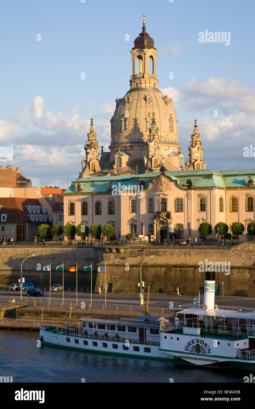 BRUEHLSCHE TERRASSE, ELBE RIVER, FRAUENKIRCHE, CHURCH OF OUR LADY, PADDLE WHEEL STEAMER, DRESDEN, SAXONY, GERMANY Stock Photo