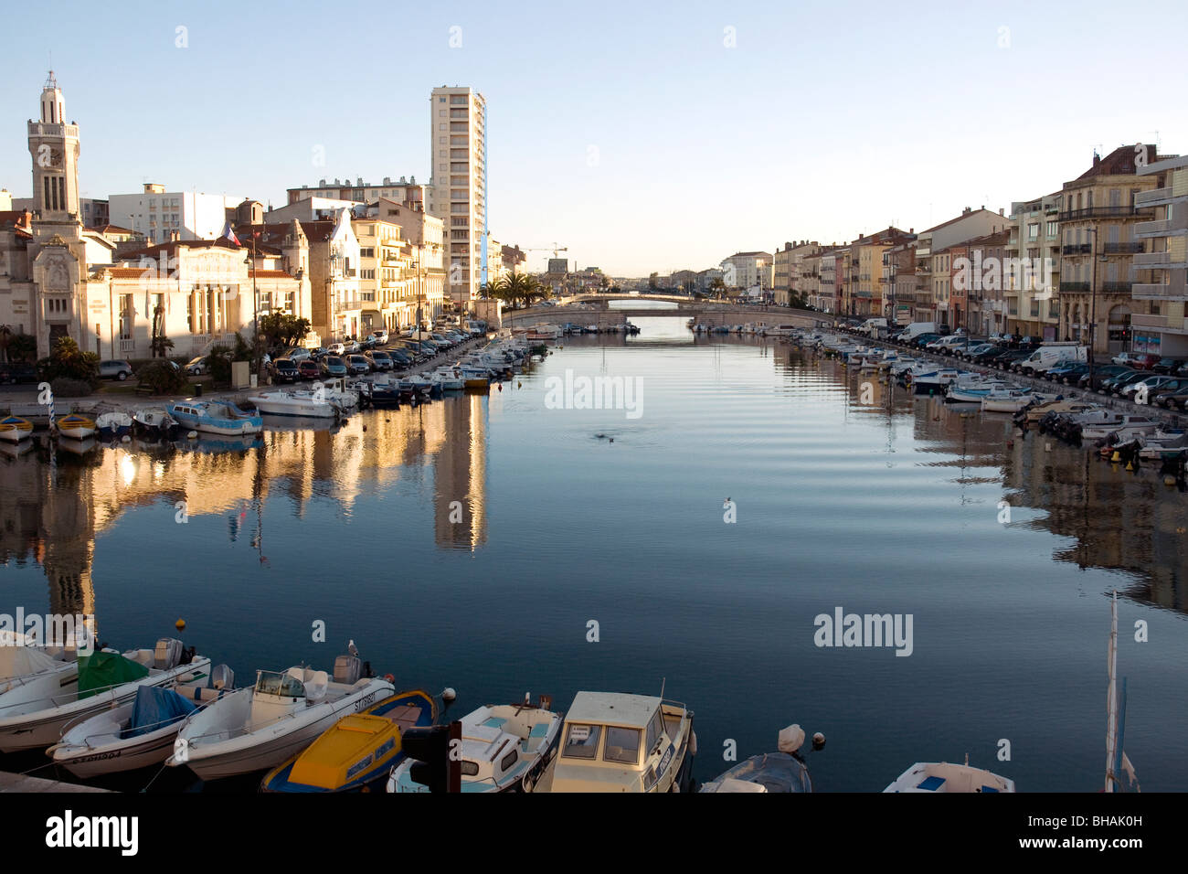 The boat-lined canals of Sète, France's largest  Mediterranean fishing port, are among its most appealing features Stock Photo