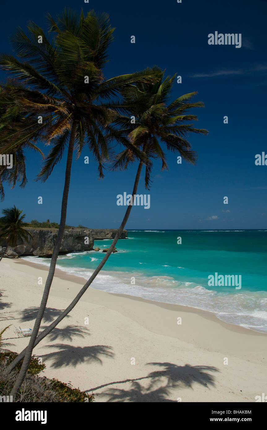 The white sand beach, palm trees and clear sea at Bottom Bay on the east coast of Barbados Stock Photo