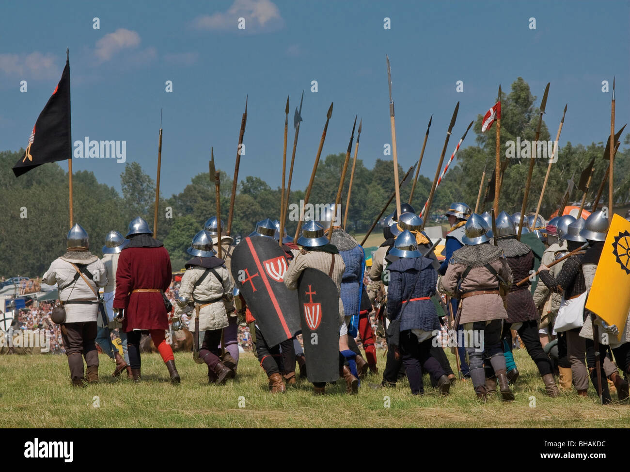 Reenactors at Battle of Grunwald of 1410 in Warminsko-Mazurskie province, Poland Stock Photo