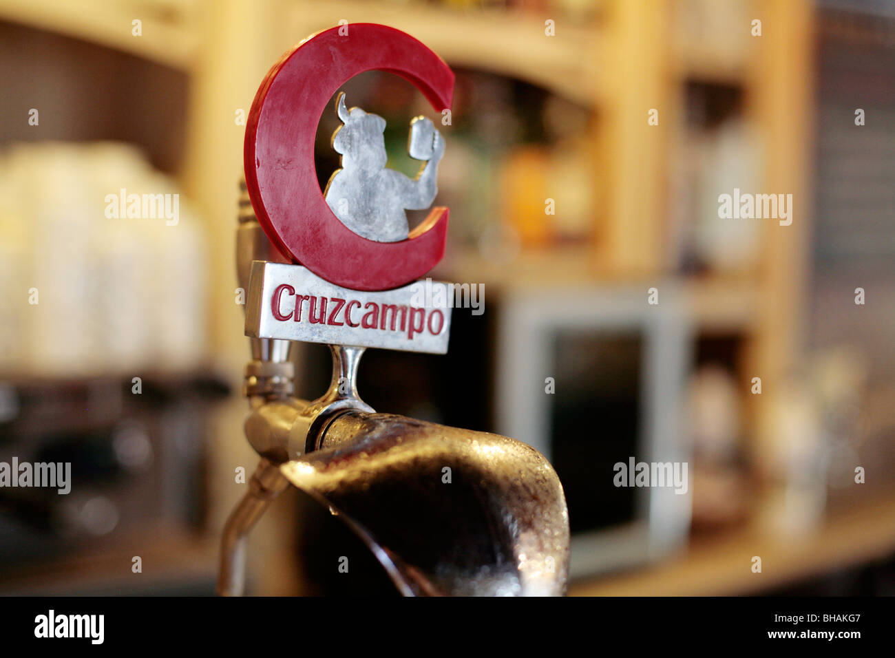 Cruzcampo beer on tap in a bar in Seville, Spain Stock Photo