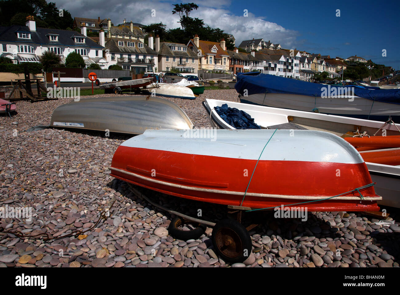 Budleigh Salterton Devon UK Beach Boats Sea Holiday Pebbles Stock Photo