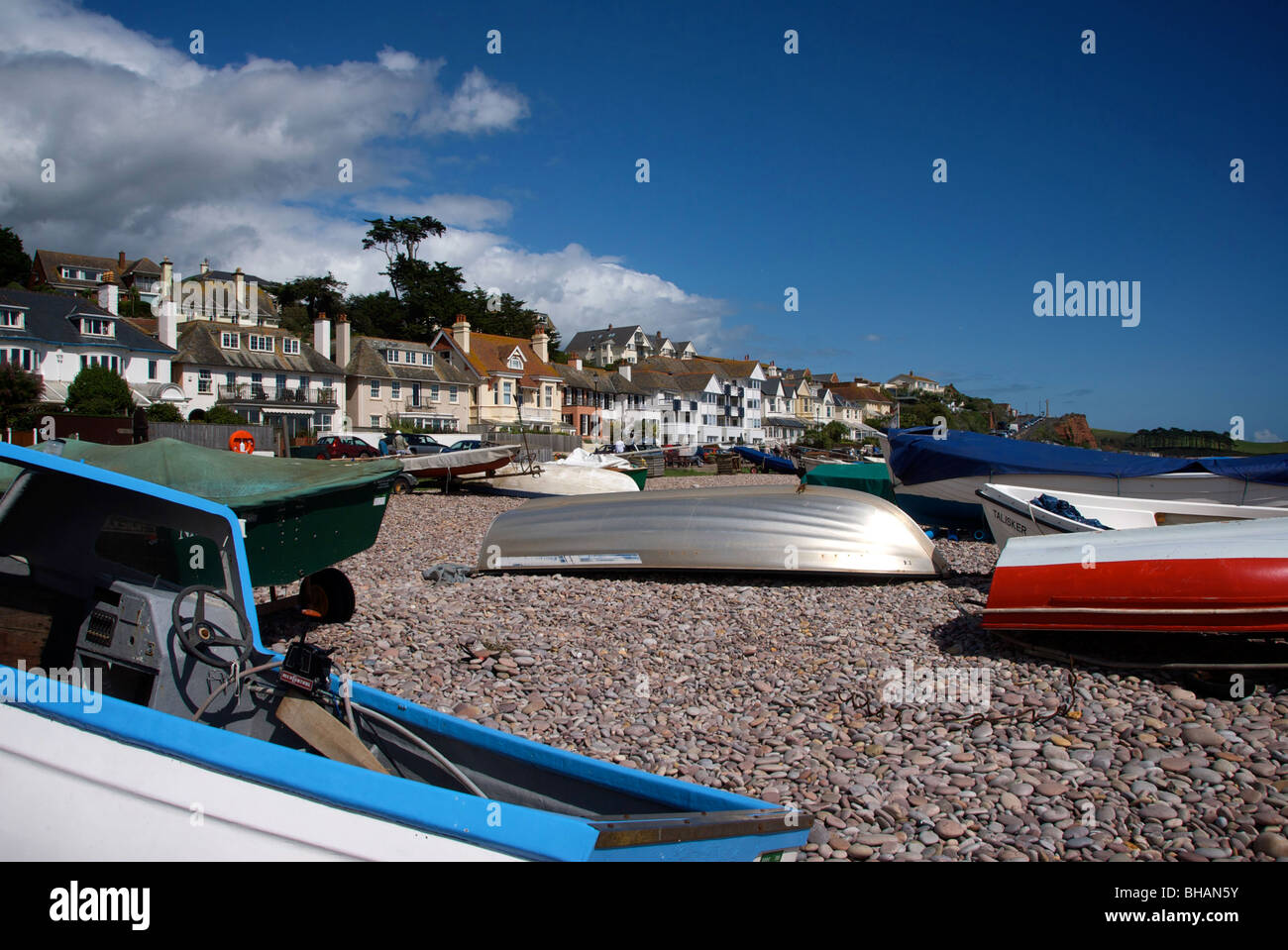 Budleigh Salterton Devon UK Beach Boats Sea Holiday Pebbles Stock Photo