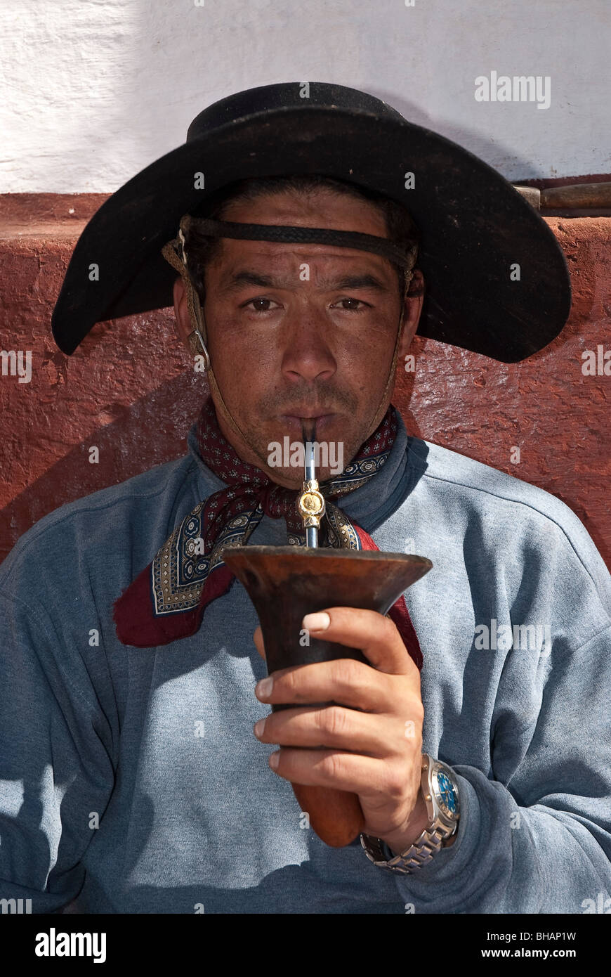 Gaucho drinking yerba mate tea, Rio Grande do Sul State, Brazil Stock