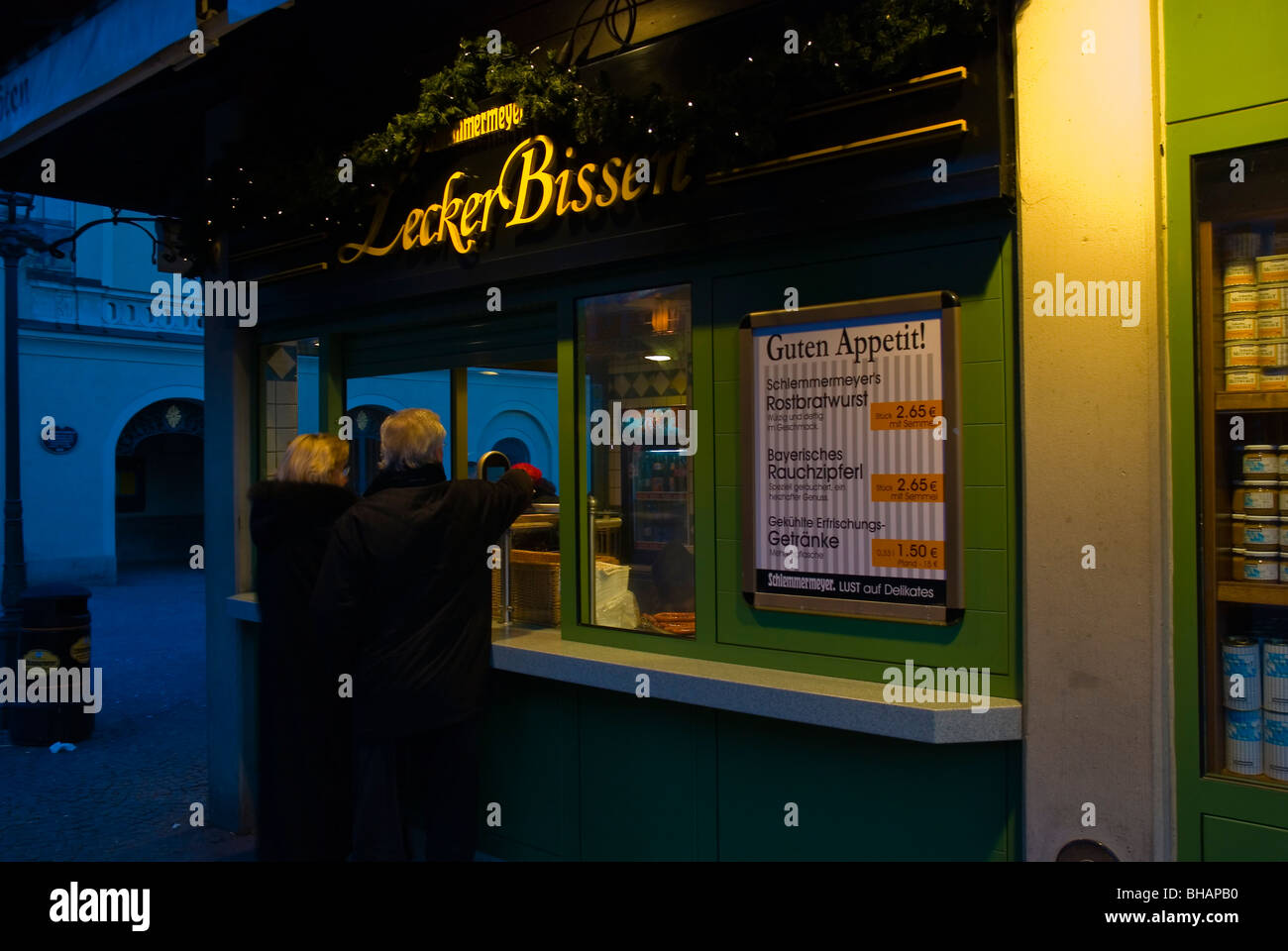 Sausage stand Viktualienmarkt market square old town Munich Bavaria
