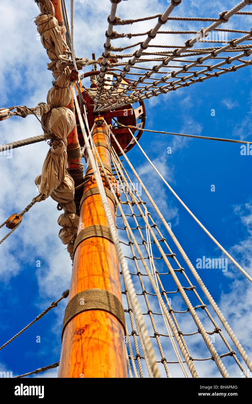Rigging and the crow's nest of the ship Matthew at the Matthew Legacy