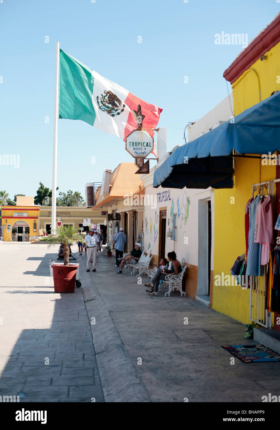 Mexican flag flying in the town square of San Jose del Cabo, Baja California, Mexico Stock Photo