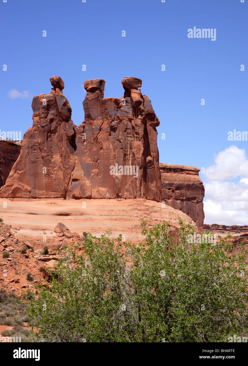 Red sandstone stacks known as 'The Three Gossips' in Arches National Park, Utah, U.S.A. Stock Photo