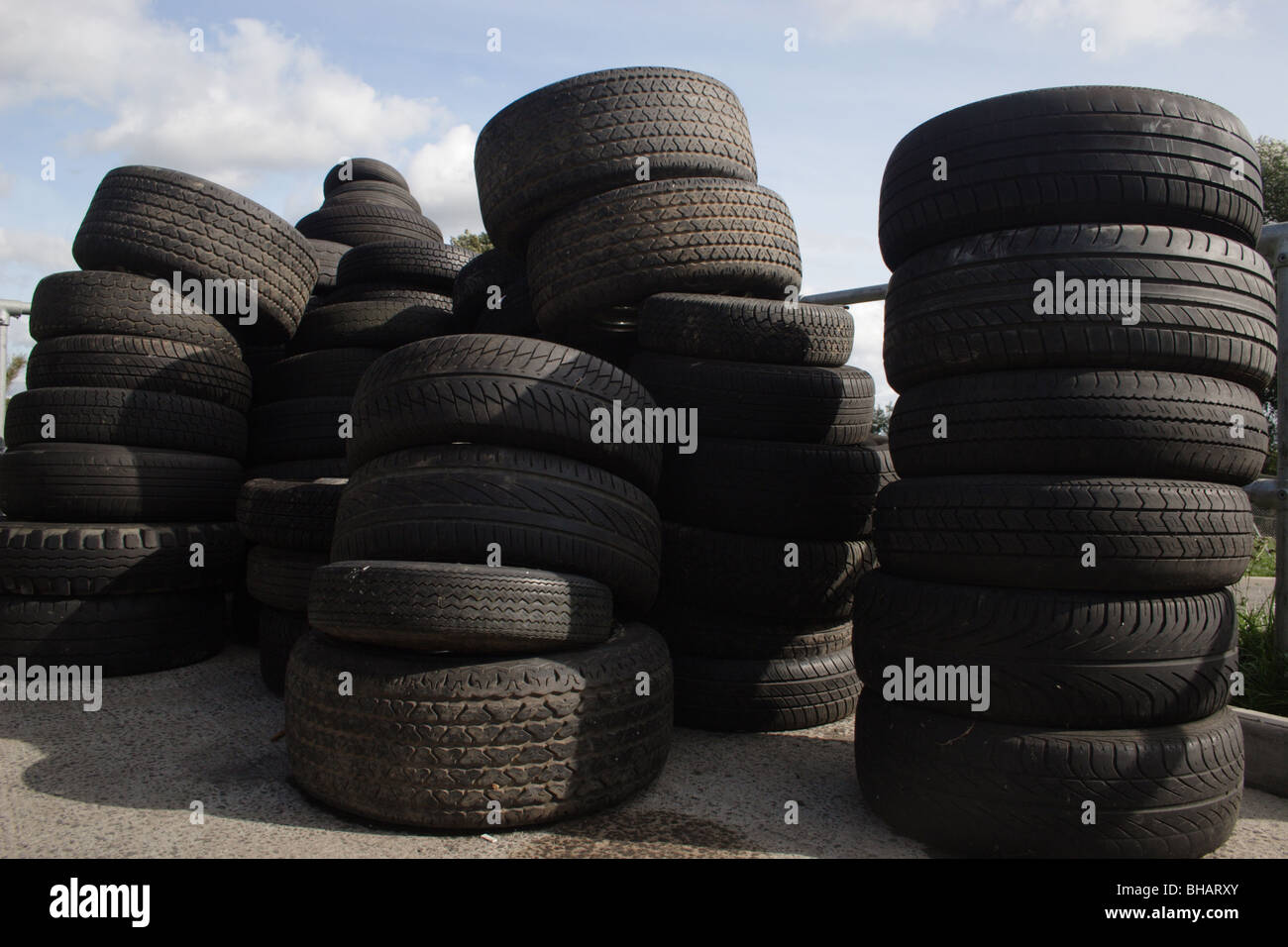 amenity tip & recycling centre, pile of tyres at collection point Stock Photo
